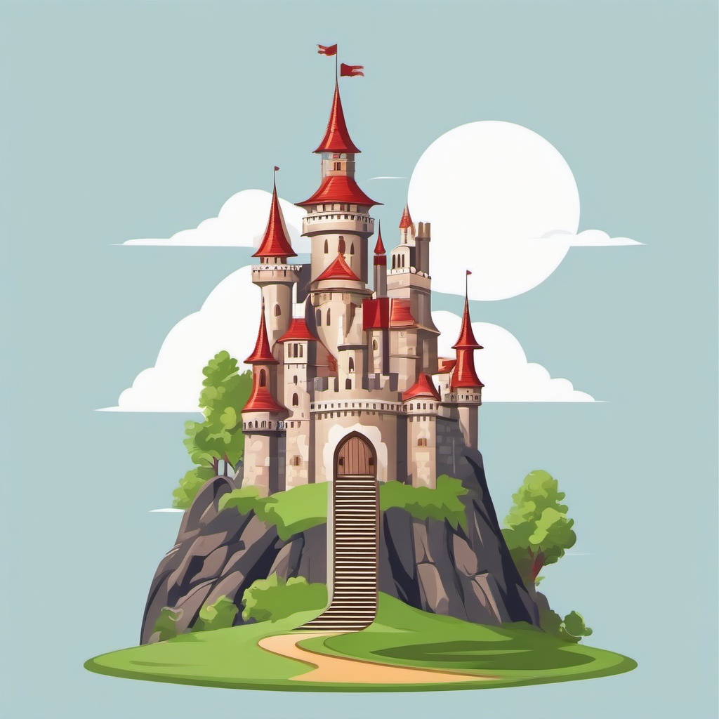 Fantasy castle on top of a hill clipart.  vector style illustration, white background