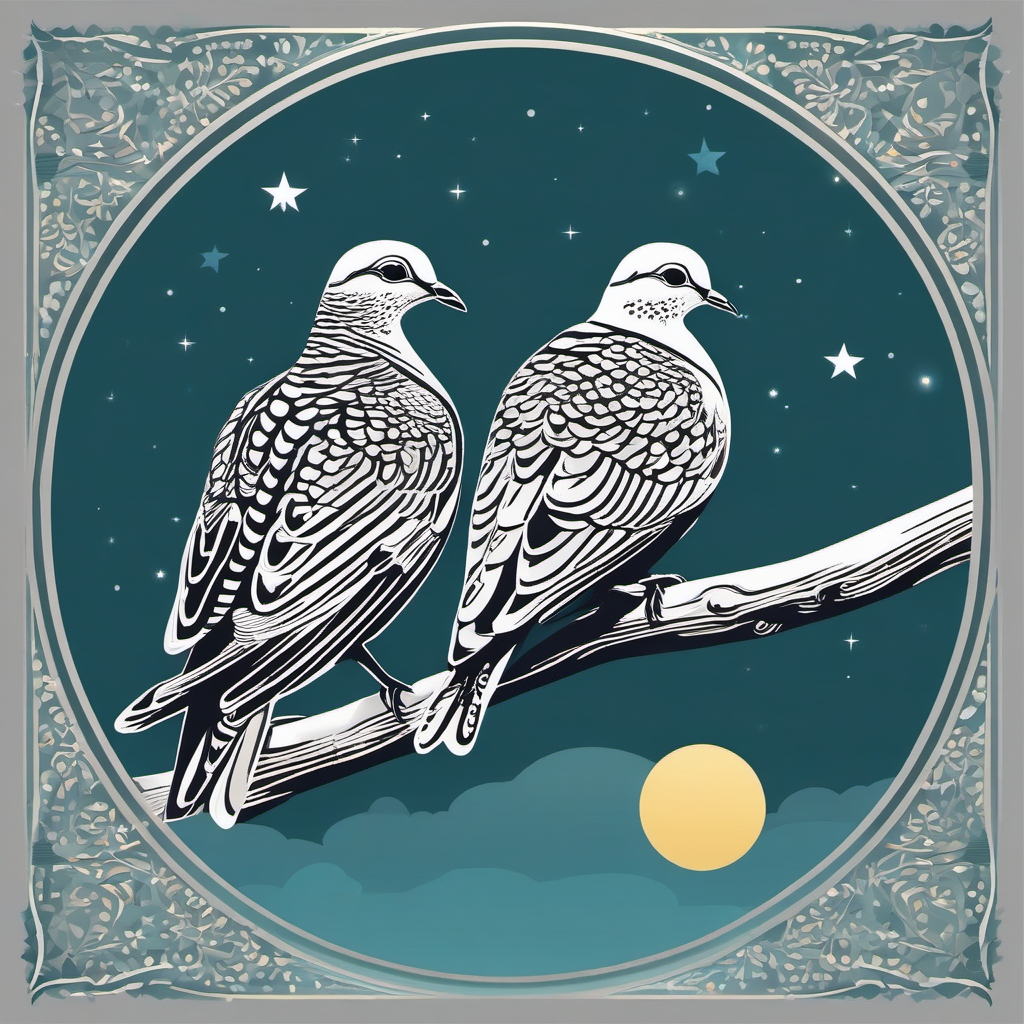 2 Turtle Doves - Nestled on a cozy tree branch, the 2 turtle doves share a moment of affection under the moonlight.  vector art, clipart, minimal