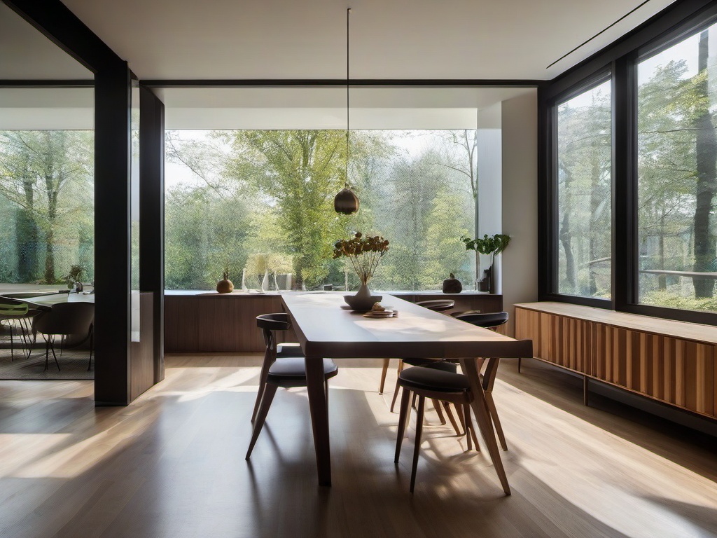 The dining room embodies Bauhaus interior design with a simple wooden table, modern chairs, and large windows that flood the space with natural light, fostering an inviting atmosphere for meals.  