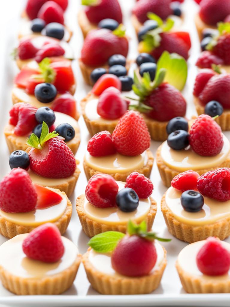 a platter of mini cheesecakes, each with a different fruity topping and a buttery graham cracker crust. 