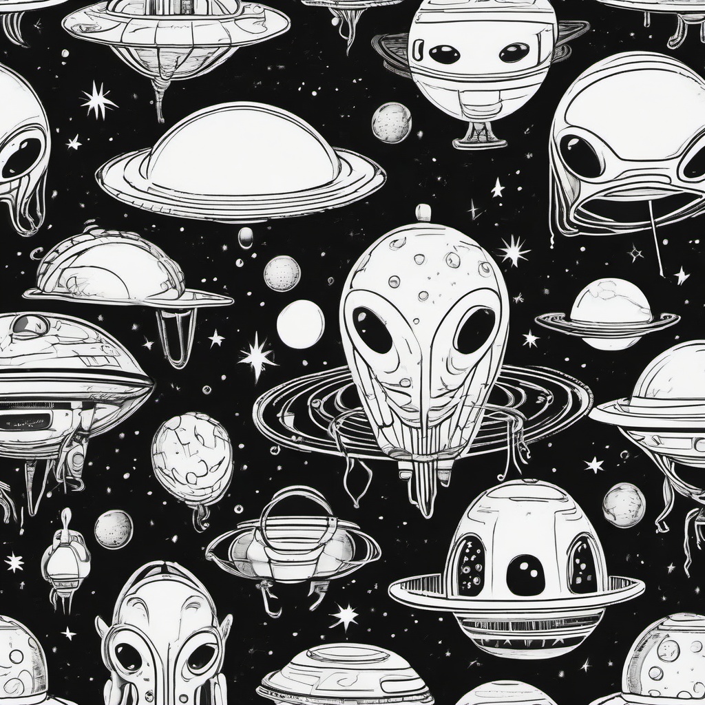 drawing of aliens in space  minimal rough sketch scribbles,doodles,black and white