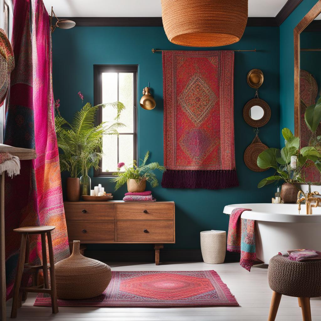 bohemian bathroom with vibrant textiles and eclectic decor. 