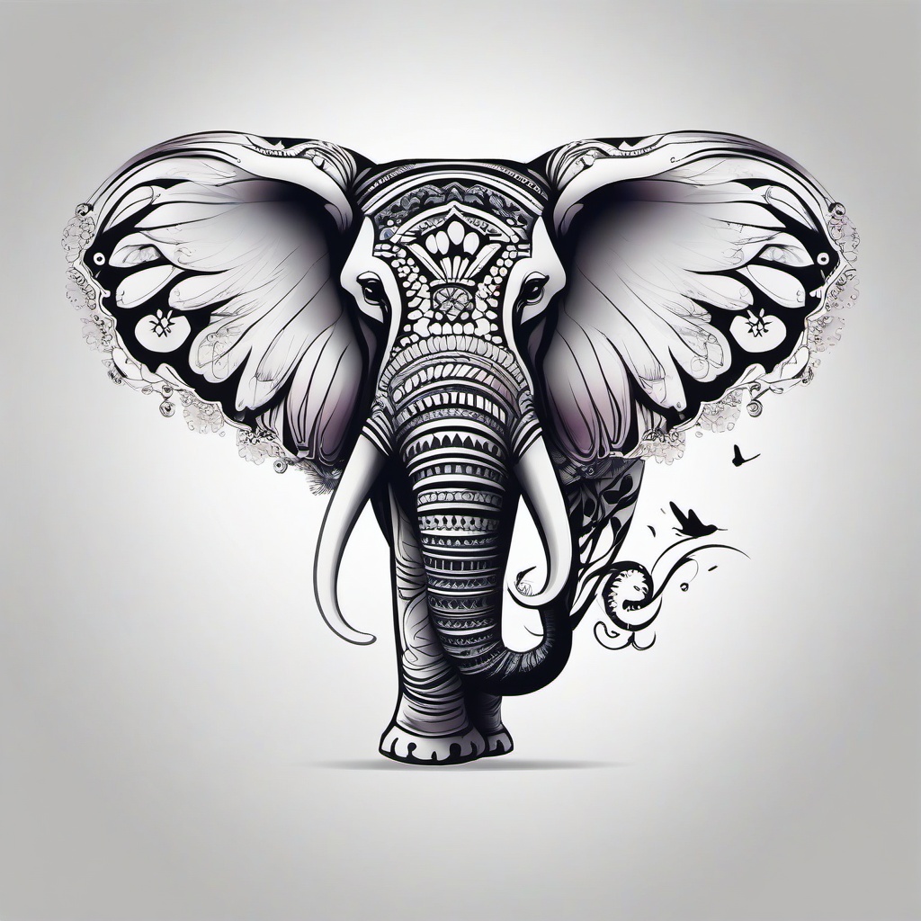 butterfly elephant tattoo  simple color tattoo,white background,minimal