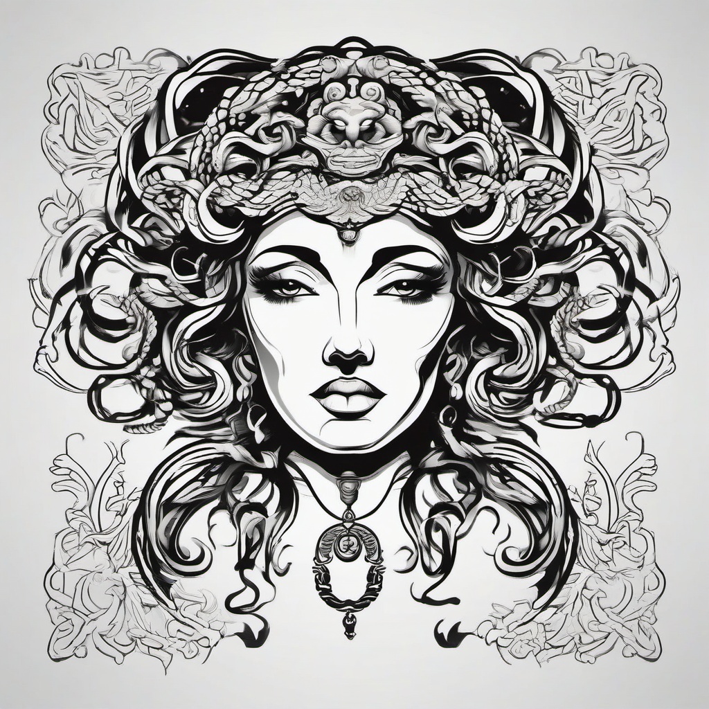 Medusa Gorgon Tattoo - Showcase the Gorgon with a tattoo that captures the mythical and fearsome qualities of this ancient creature from Greek mythology.  simple vector color tattoo,minimal,white background