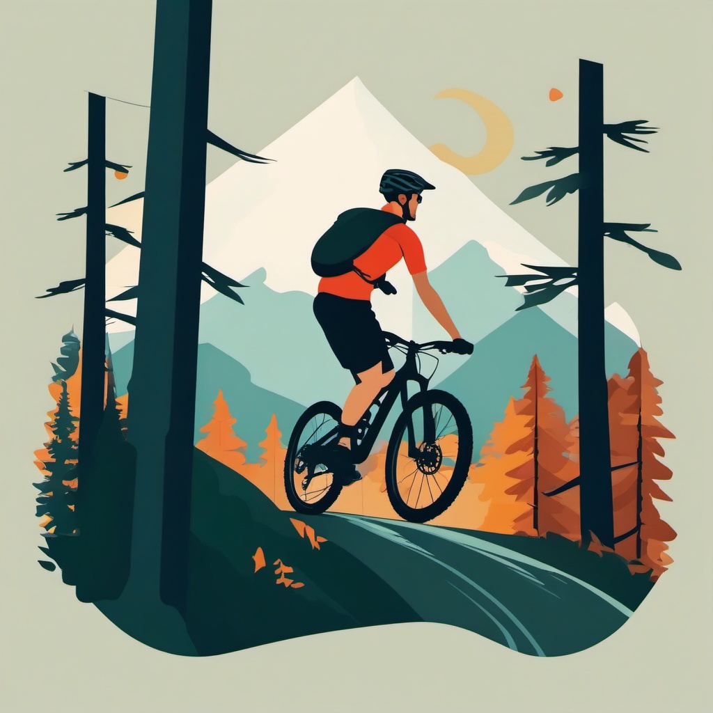 Mountain Biking on a Trail Clipart - A mountain biker on a forest trail.  color vector clipart, minimal style