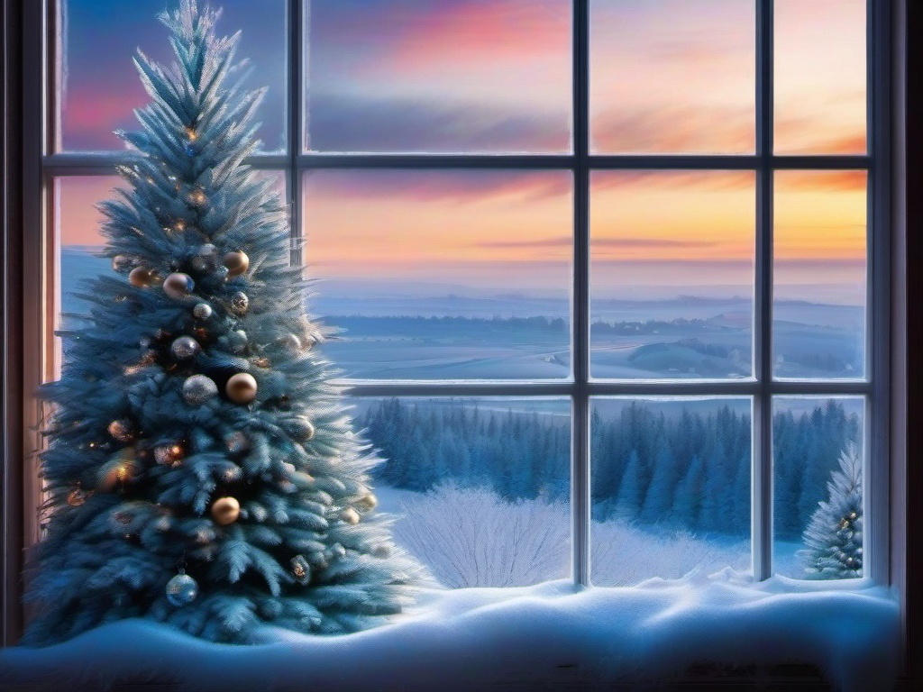 Christmas wallpaper - Frost-covered window with a view of a Christmas tree outside  aesthetic background wallpaper