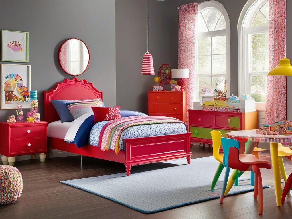 Candy Land kids' room highlights colorful furniture, candy-themed bedding, and playful accents, creating a joyful and imaginative space for play and sleep.  