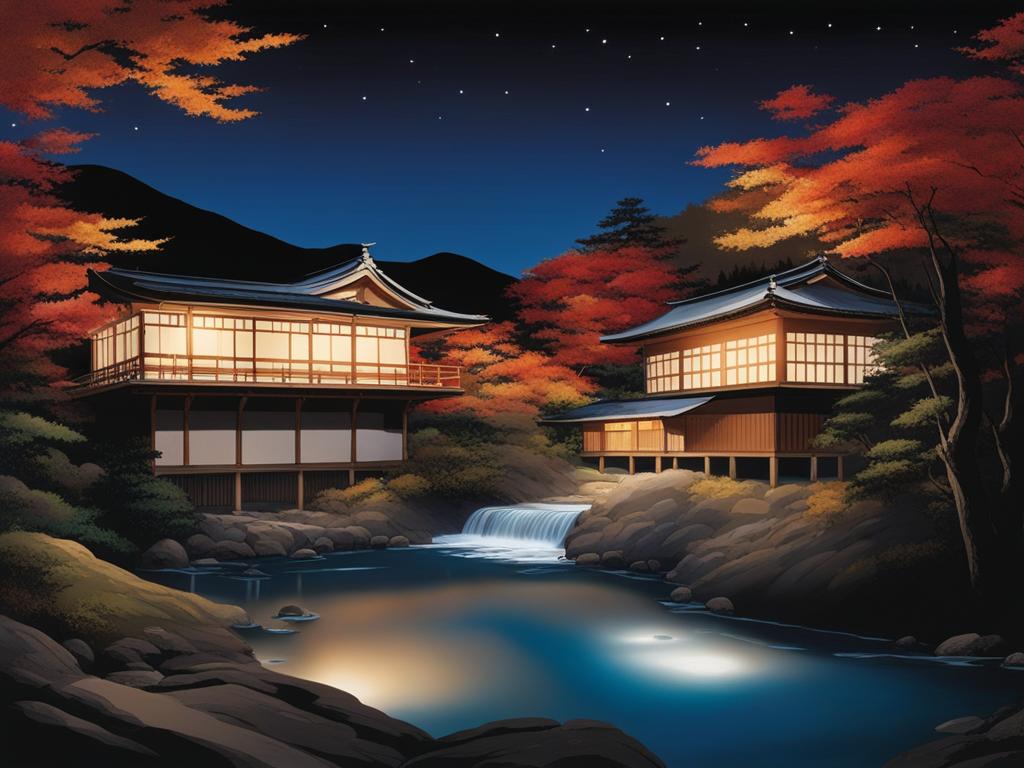 takaragawa onsen - create a serene night painting of takaragawa onsen, where open-air hot springs by a river offer a tranquil setting beneath a starry sky. 