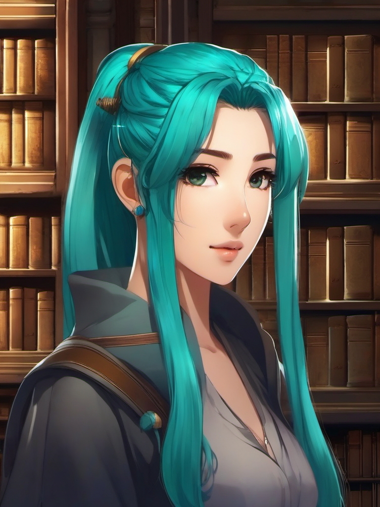 Girl with turquoise ponytail hair in an ancient library with lost scrolls.  close shot of face, face front facing, profile picture, anime style