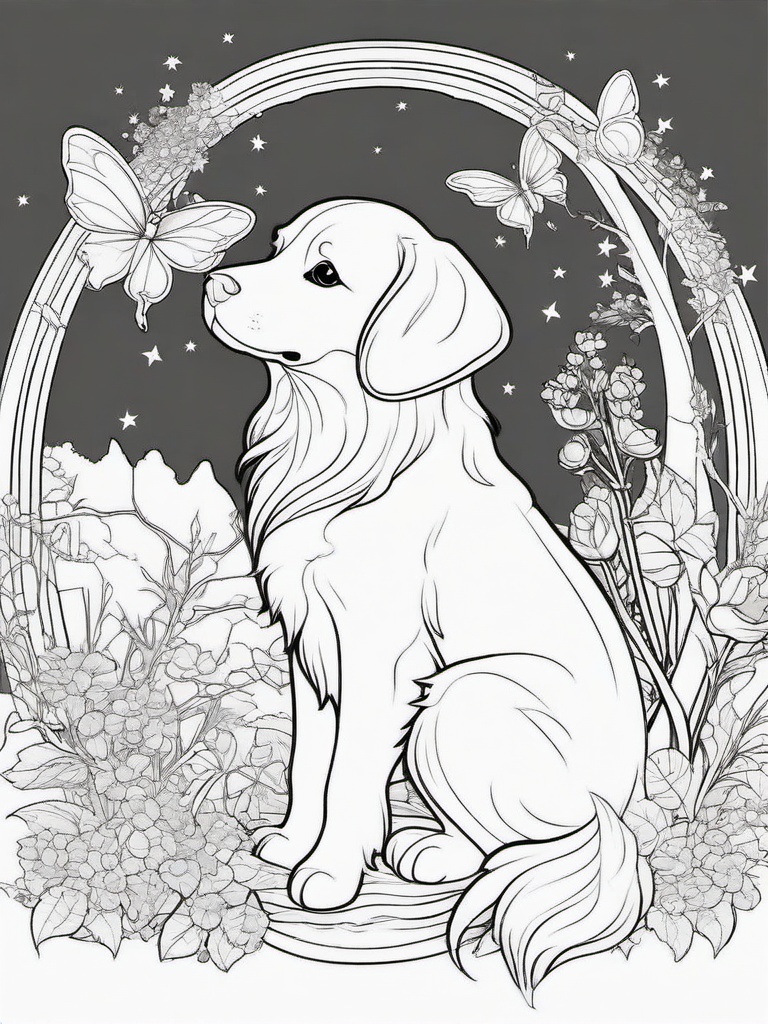 Puppy and a Fairy Coloring Pages - Enchanted Scene with Puppy and Fairy  minimal black outline printable sheet, coloring page