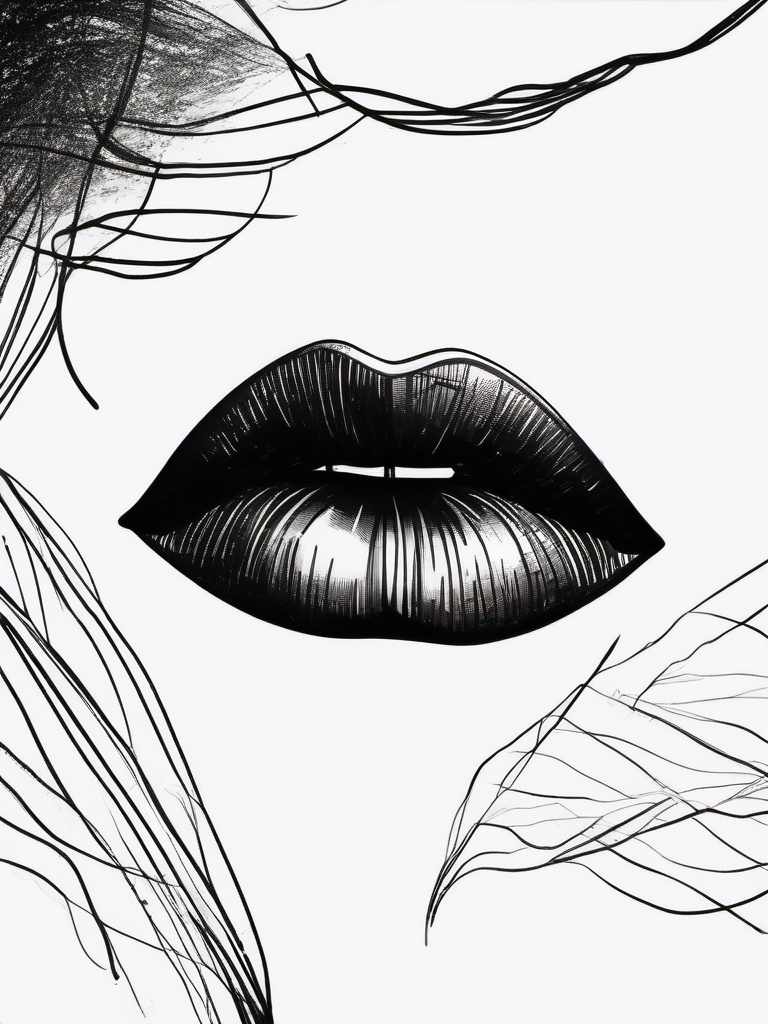 drawing of lips with lipstick  minimal rough sketch scribbles,doodles,black and white