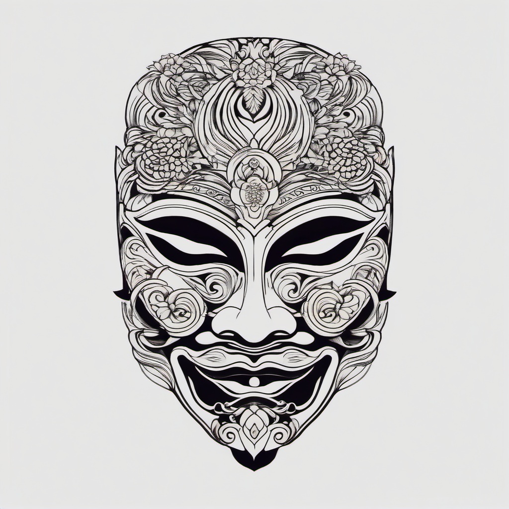 noh mask tattoo  simple color tattoo,white background,minimal