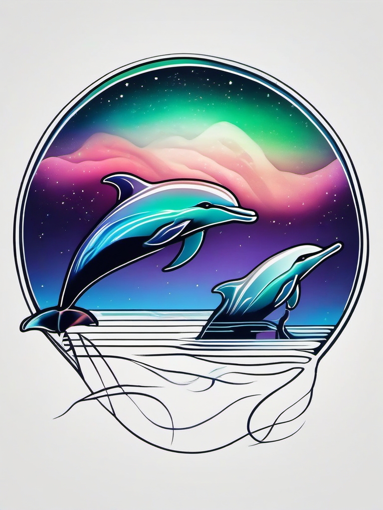 Aurora Borealis Acrobatics - Dolphins dancing under the Northern Lights in an ethereal tattoo.  outline color tattoo,minimal,white background