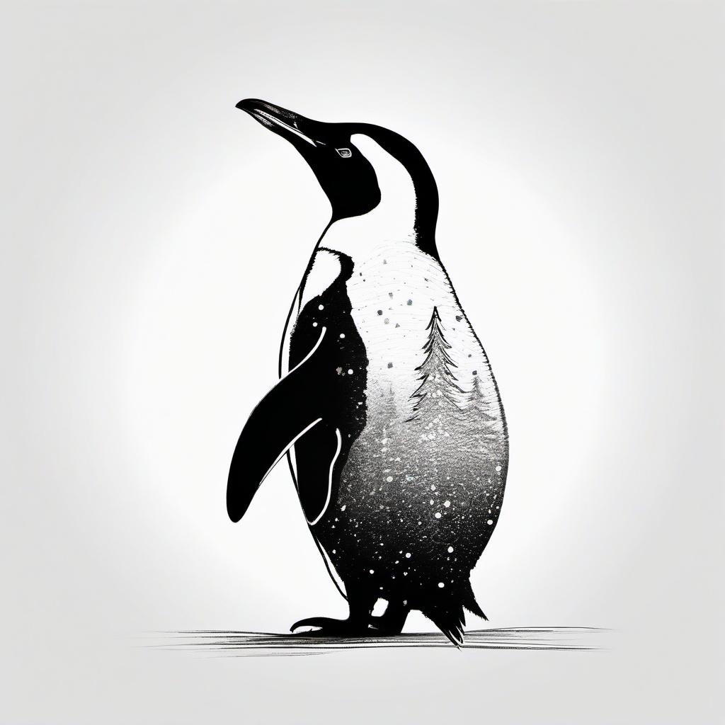 drawing of a penguin with a Christmas tree  minimal rough sketch scribbles,doodles,black and white