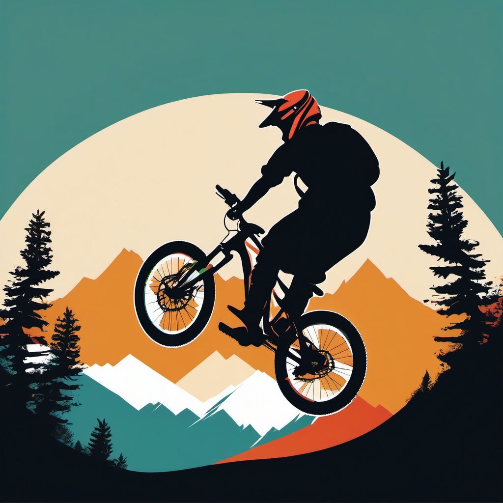 Mountain Biking Freeride Jump Clipart - A mountain biker performing a freeride jump.  color vector clipart, minimal style