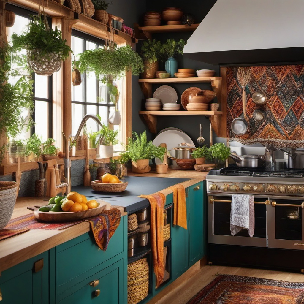 Sustainable Boho Cooking Oasis - Embrace boho style with sustainable and eco-friendly decor. , kitchen layout design ideas, multicoloured, photo realistic, hyper detail, high resolution,