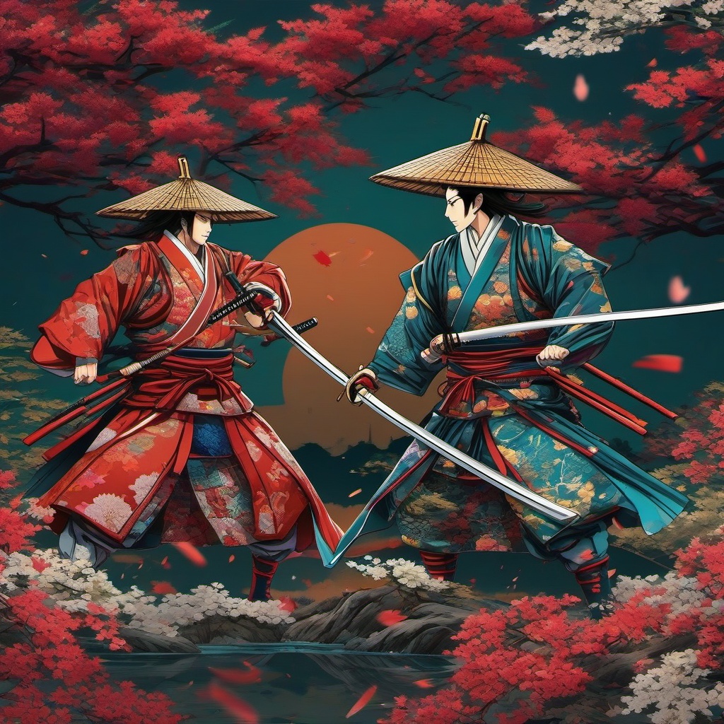 Anime Wallpaper - Samurai Duel in Feudal Kyoto wallpaper splash art, vibrant colors, intricate patterns