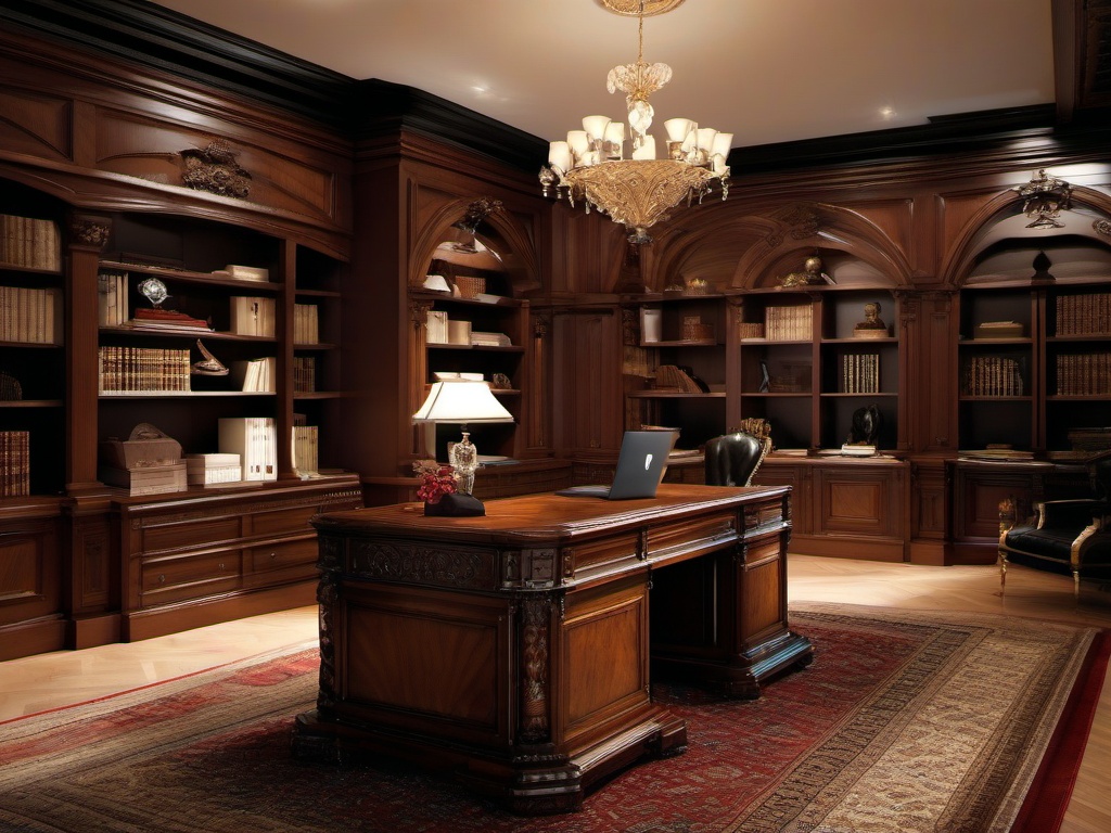 The home office exemplifies Italian Renaissance interior design, featuring a grand desk, ornate bookshelves, and classical decor that create a refined and inspiring workspace.  