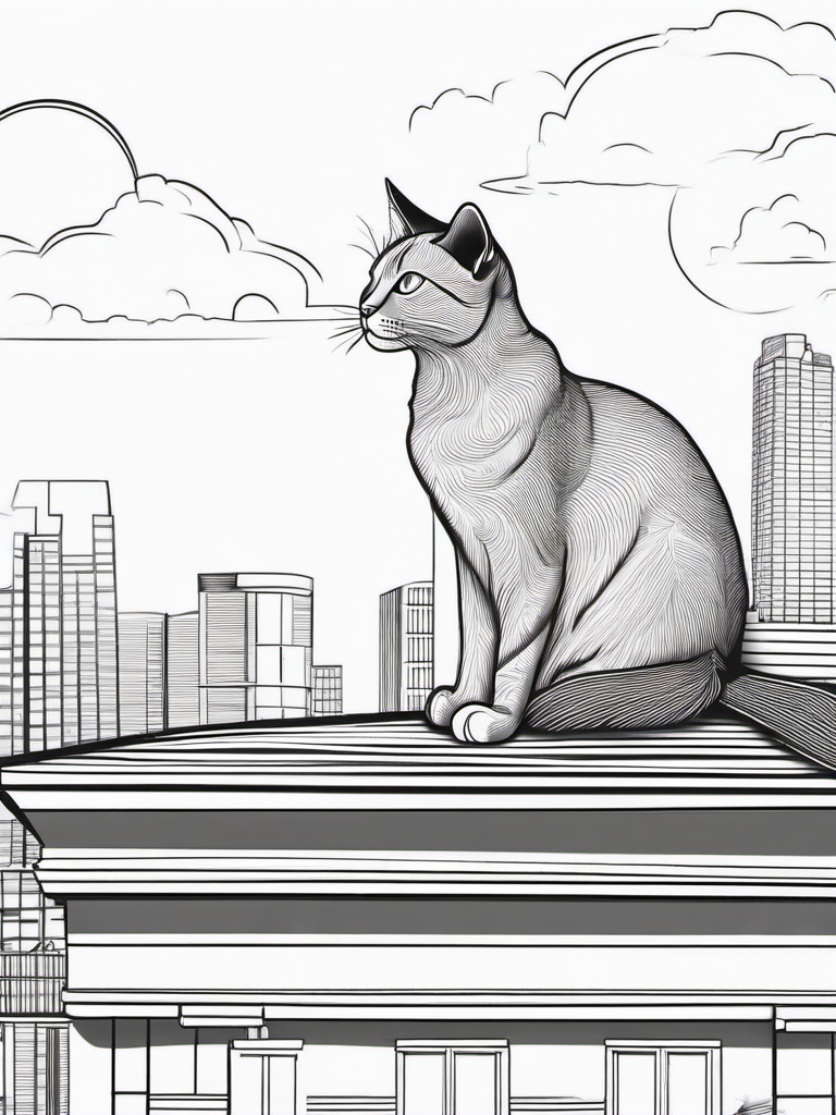 Cat on a Roof Coloring Pages - Feline Relaxing on a House Rooftop  minimal black outline printable sheet, coloring page