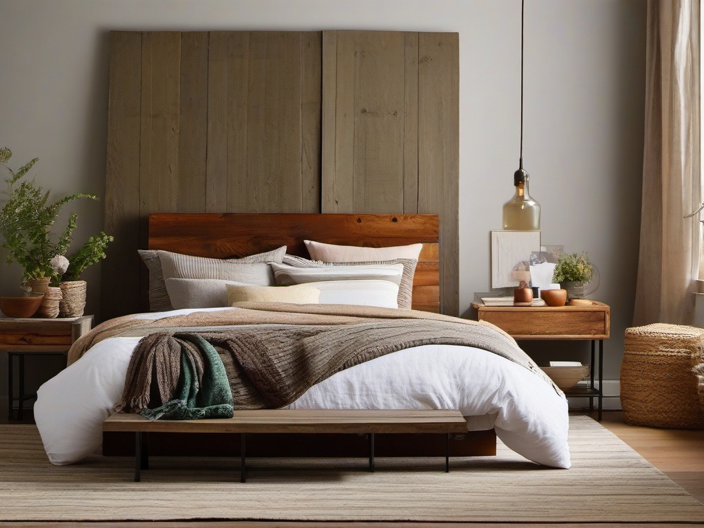 Modern rustic bedroom with a West Elm reclaimed wood bed, Benjamin Moore earthy wall colors, and Anthropologie minimalist linen bedding.  