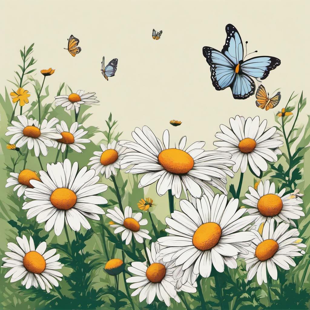 Daisy clipart - daisy surrounded by butterflies in a garden  color,minimalist,vector clipart