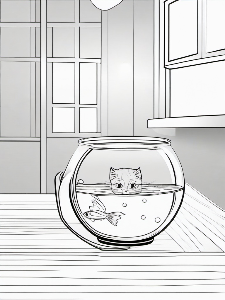 Cat and Fishbowl Coloring Pages - Curious Cat Watching Fish Swim  minimal black outline printable sheet, coloring page