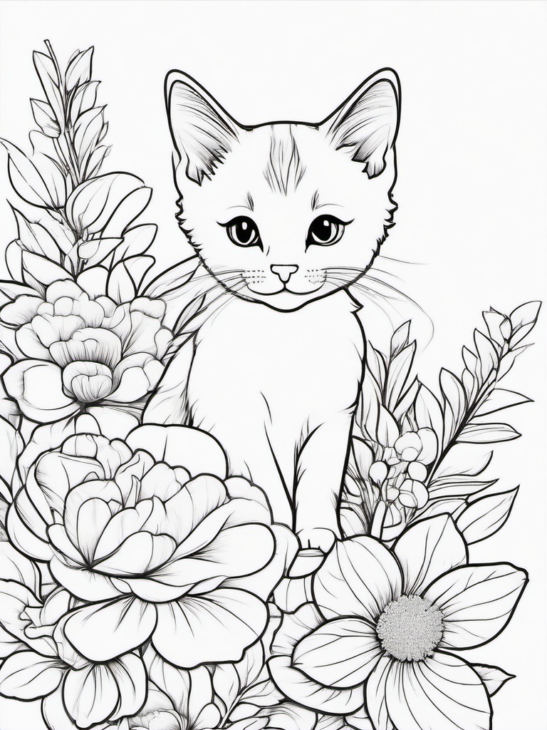 Kitty with a Flower Bouquet Coloring Pages - Kitten Holding a Bunch of Flowers  minimal black outline printable sheet, coloring page