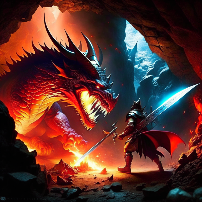 beowulf vs the dragon - the heroic beowulf confronts the fiery dragon in a desolate cave, wielding a gleaming sword and shield. 