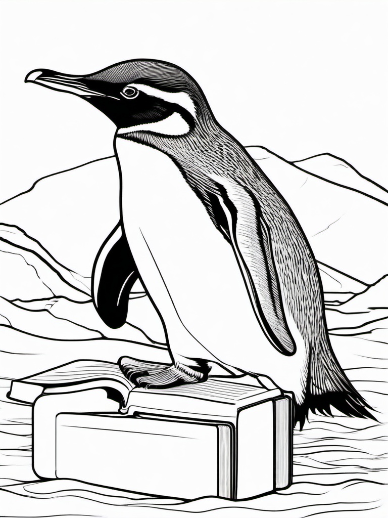 Penguin Coloring Pages - Penguin reading a book on an ice shelf  simple coloring pages