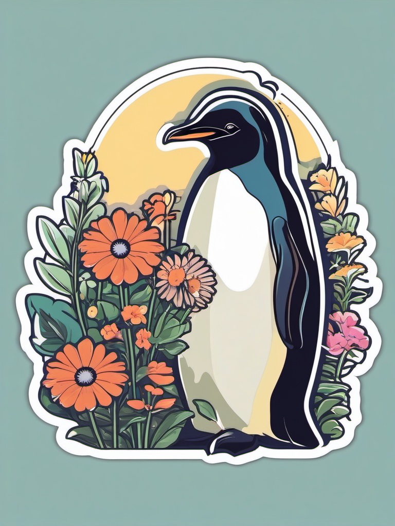 Penguin Gardener Sticker - A penguin tending to a garden, surrounded by flowers. ,vector color sticker art,minimal