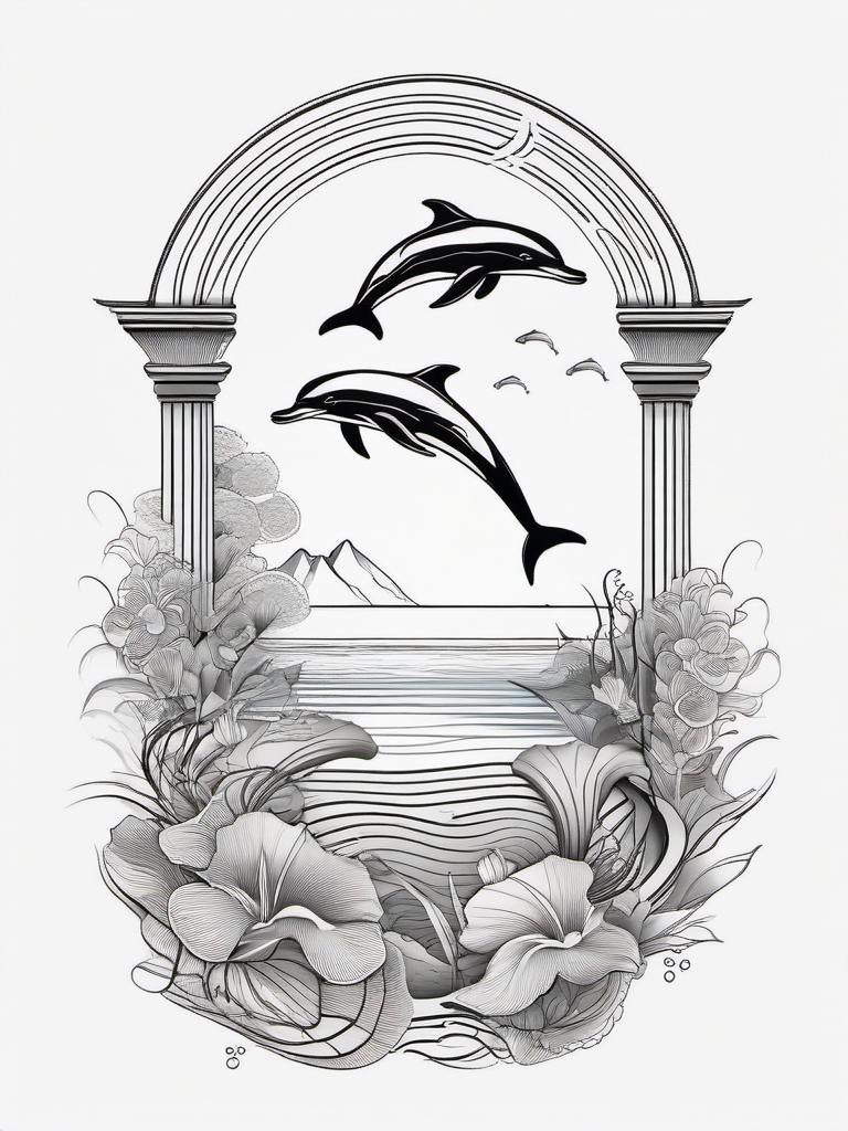 Seaside Zen Garden - Dolphins amidst a serene underwater Zen garden in a tranquil tattoo.  outline color tattoo,minimal,white background