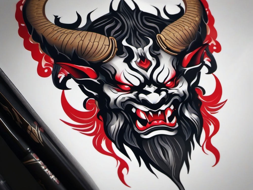 Demon Oni Tattoo - Incorporates the fearsome Oni, symbolizing malevolence and power, into the tattoo design.  simple color tattoo,white background,minimal