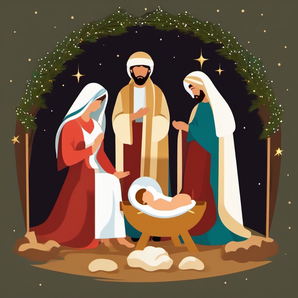 Manger scene clipart, The holy family gathered around the newborn Jesus.  simple, 2d flat