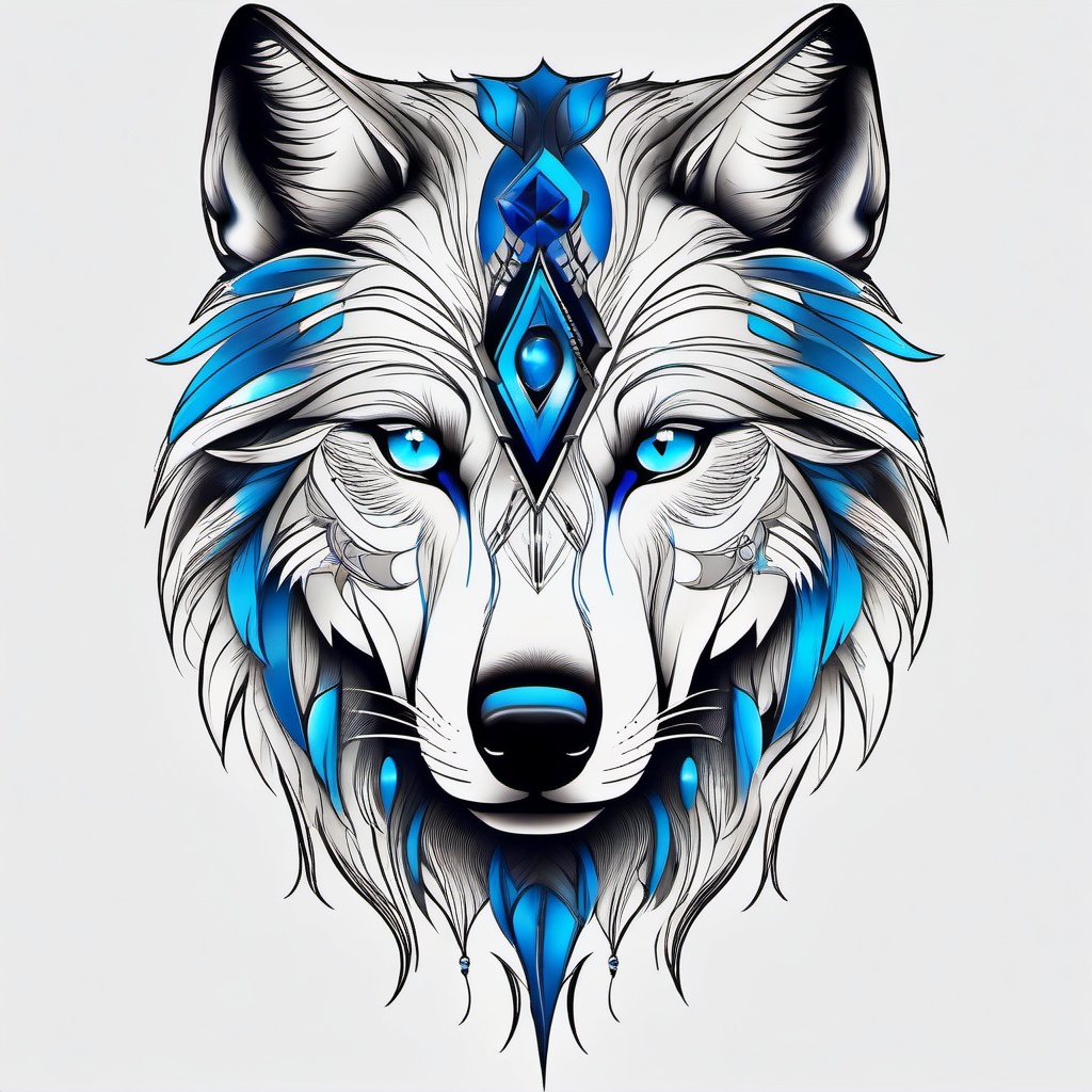 Wolf with Blue Eyes Tattoo,mesmerizing tattoo of a wolf with piercing blue eyes, symbol of depth and mystery. , tattoo design, white clean background