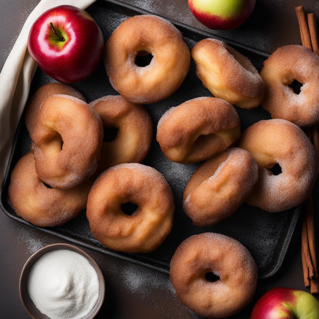 apple fritters, deep-fried apple doughnuts with cinnamon and sugar. 