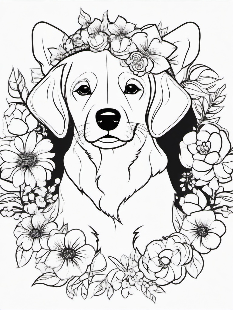 Puppy in a Flower Crown Coloring Pages - Stylish Puppy with Floral Headpiece  minimal black outline printable sheet, coloring page