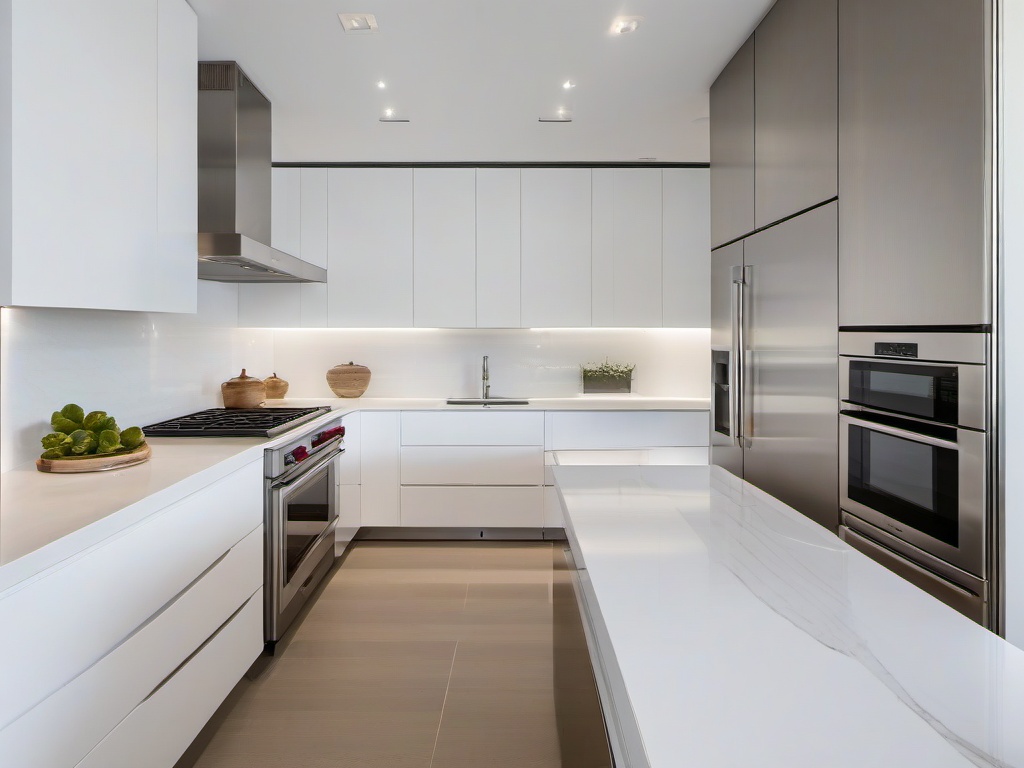 Minimalist white kitchen with stainless steel appliances and sleek countertops.  