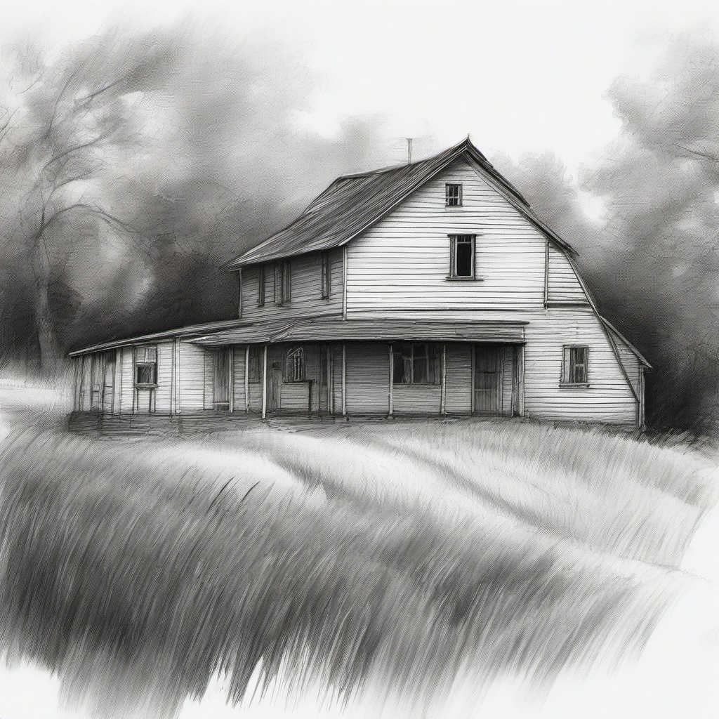 drawing of a farmhouse in pencil  minimal rough sketch scribbles,doodles,black and white