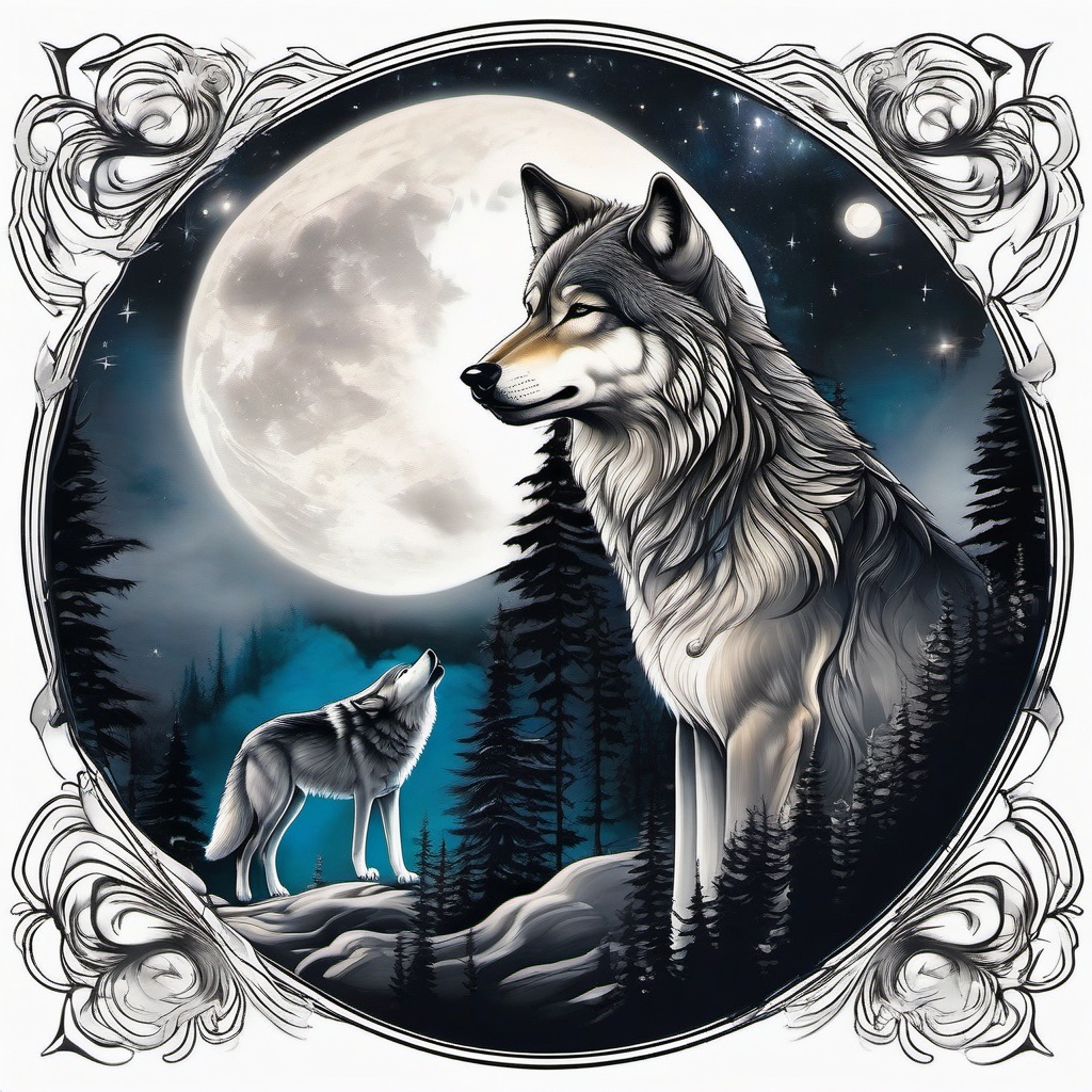 Wolf & Moon Tattoo,celestial partnership, wolf and the moon in a stunning tattoo. , color tattoo design, white clean background