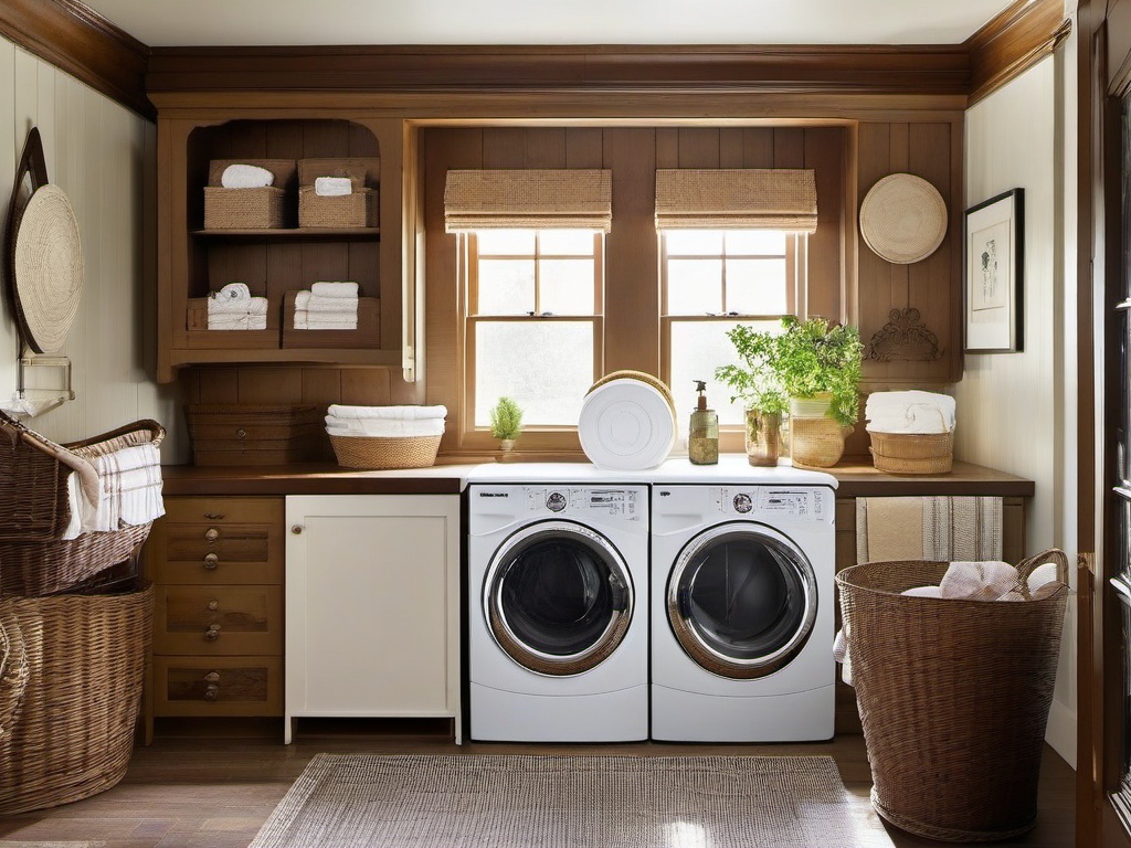 In the laundry room, vintage interior design includes antique cabinetry, a farmhouse sink, and charming decor that makes chores feel more organized and appealing.  