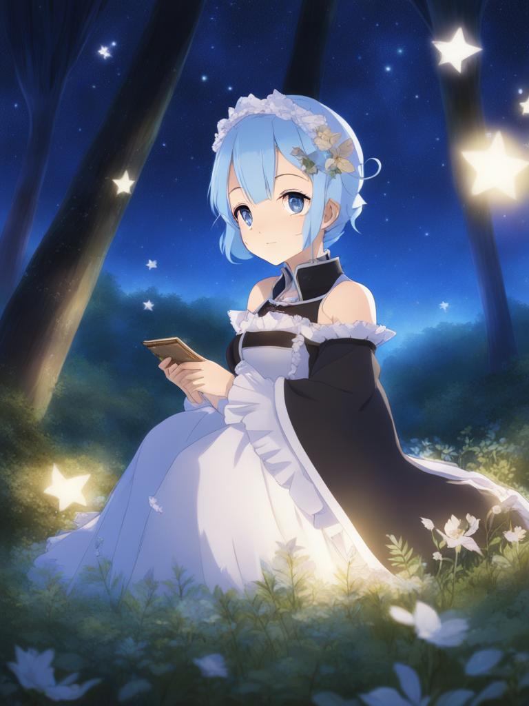 rem (re: zero) - shields her loved ones in a mystical forest under a starry sky. 