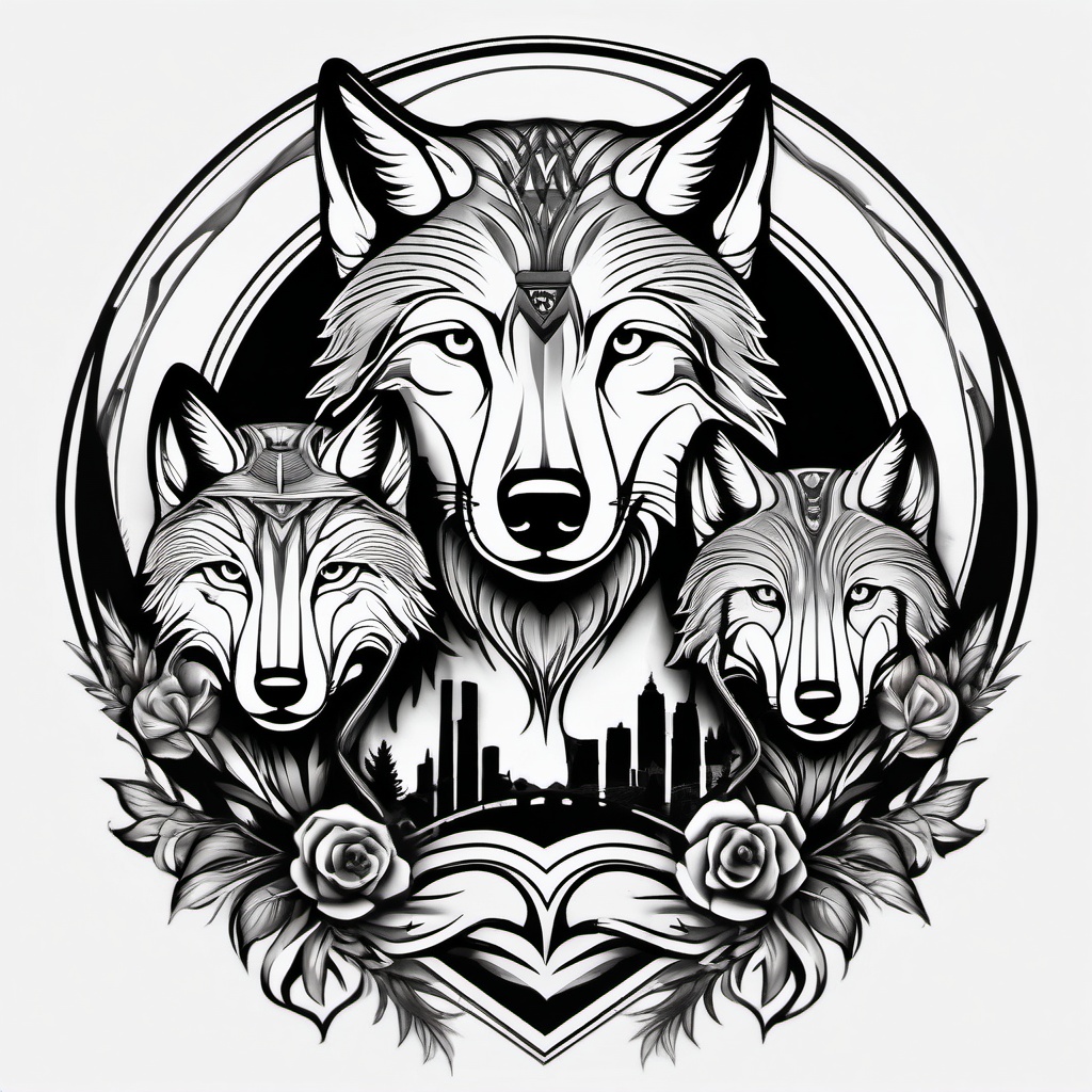 Wolf Family Tattoo,tattoo symbolizing the unity and strength found within a wolf pack, tribute to the power of family. , tattoo design, white clean background