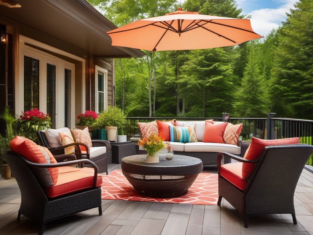 Patio Paradise - Comfortable and stylish patio with outdoor furniture and colorful accents. realistic, professional photography, bokeh, natural lighting, canon lens, shot on dslr 64 megapixels sharp focus