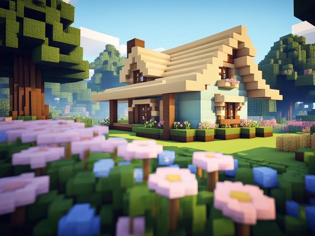 pretty pastel-colored cottage in a flowery meadow - minecraft house design ideas minecraft block style