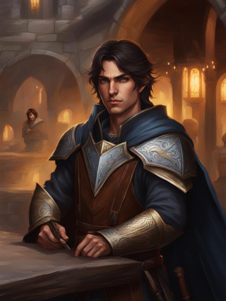 varis blackthorn, a half-elf paladin, is negotiating peace between rival factions in a bustling marketplace. 