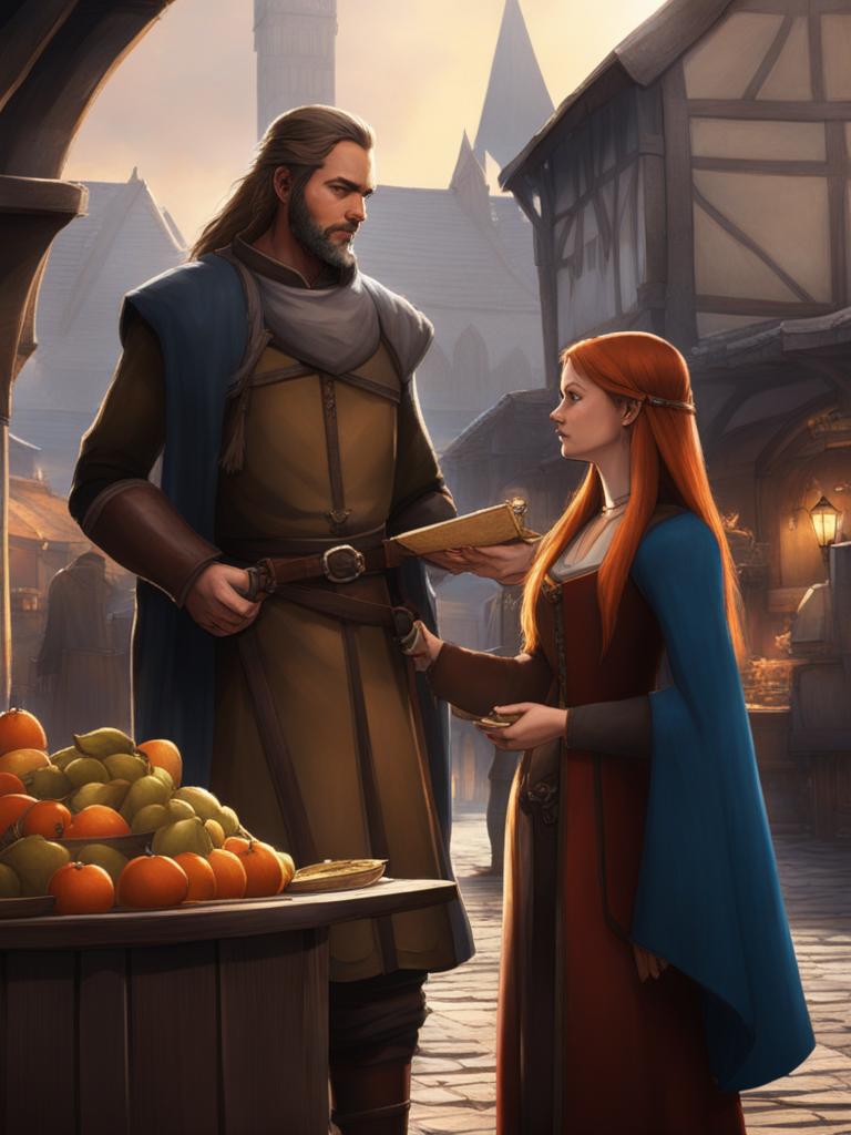 holo negotiates a trade deal with a shrewd merchant in a medieval market square. 