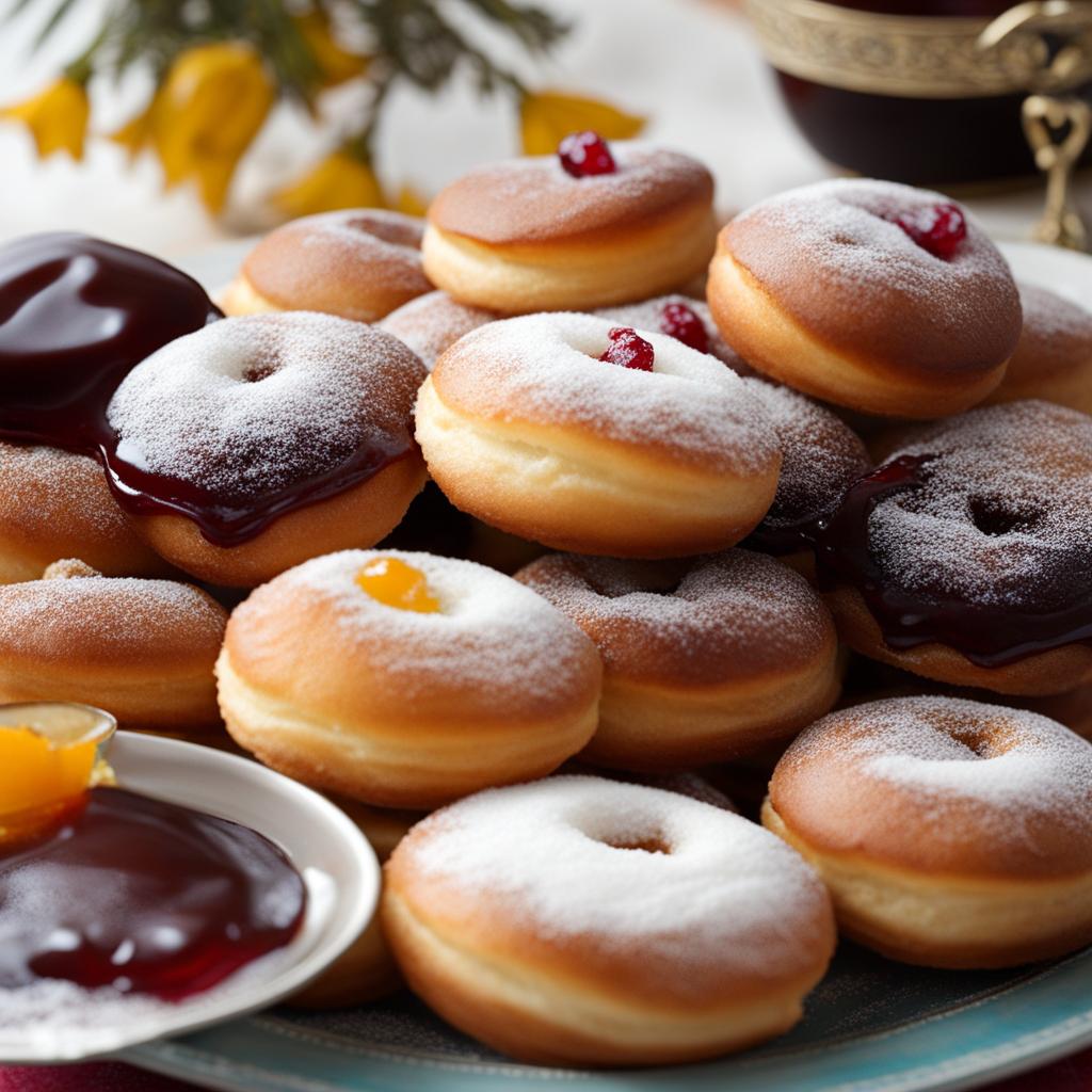 sufganiyot, israeli jelly-filled doughnuts, devoured at a joyful hanukkah celebration. 