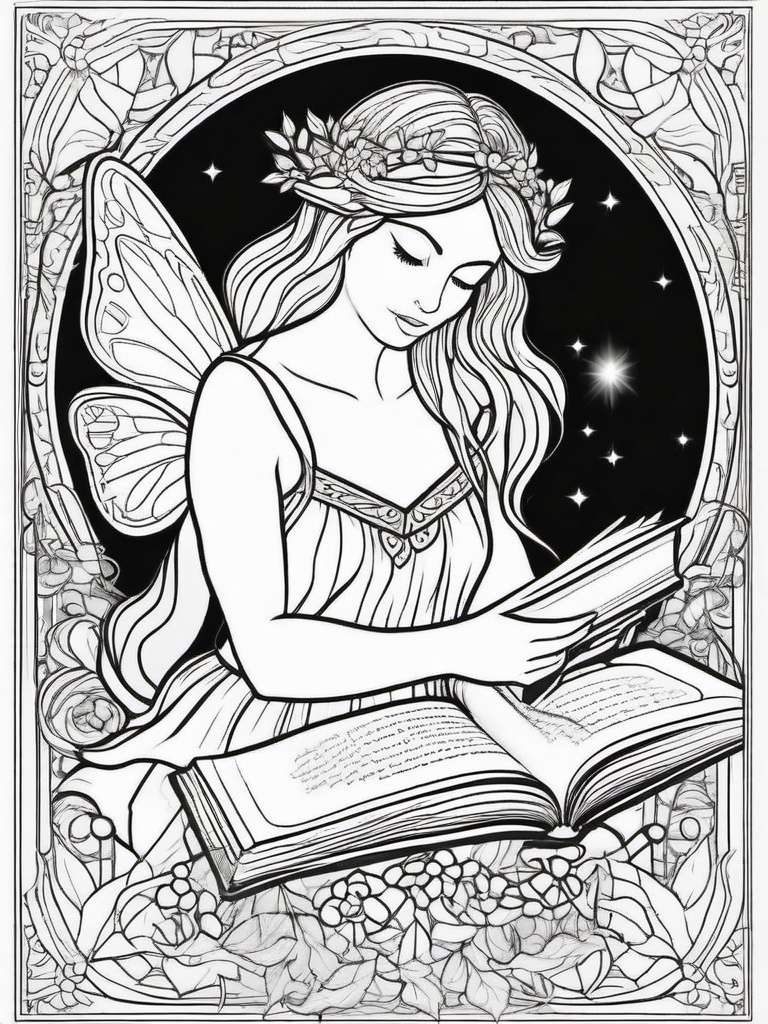 Fairy with a Magic Book Coloring Pages - Fairy Learning Spells from an Ancient Book  minimal black outline printable sheet, coloring page