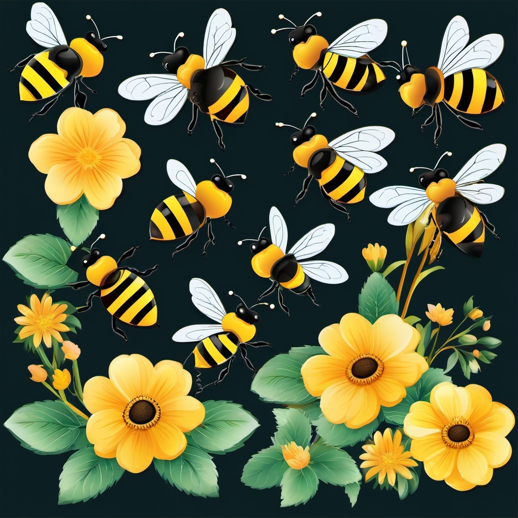 Bee Clipart, Busy bees collecting nectar from flowers. 