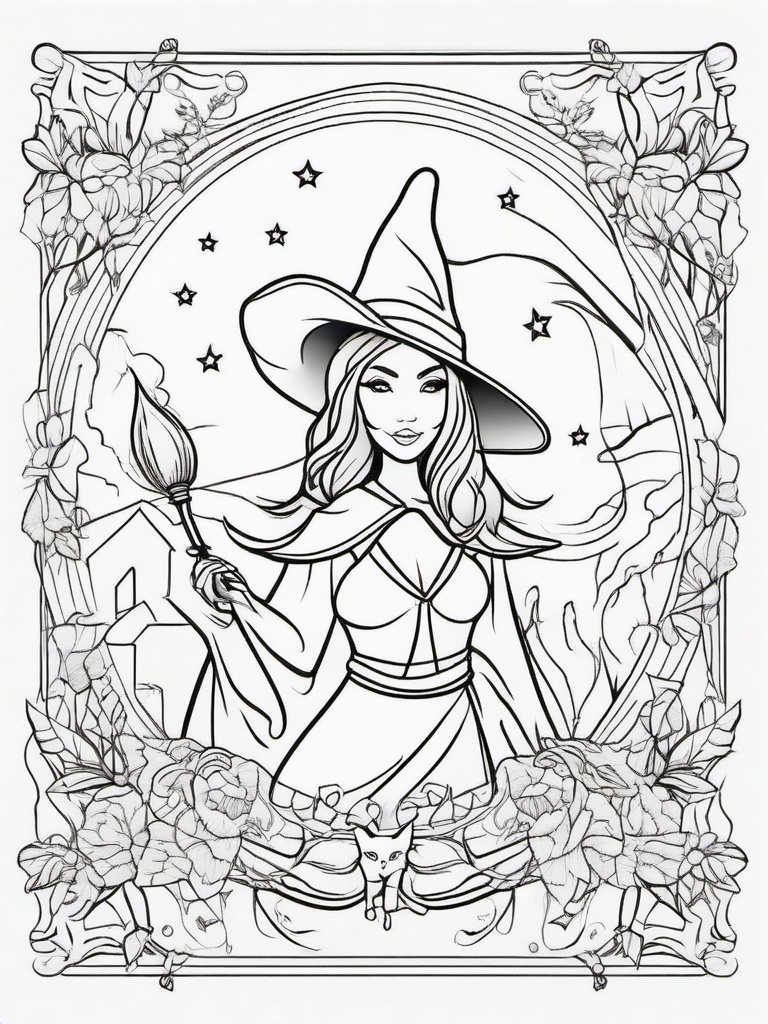 Witch Coloring Pages - Magical Spell-Casting Halloween Character  minimal black outline printable sheet, coloring page